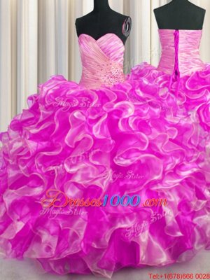 Vintage Rose Pink Sleeveless Floor Length Beading and Ruffles Lace Up 15 Quinceanera Dress