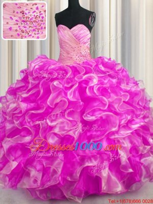 Vintage Rose Pink Sleeveless Floor Length Beading and Ruffles Lace Up 15 Quinceanera Dress