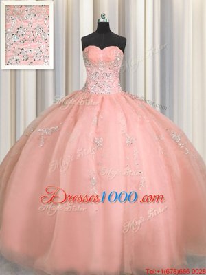 Two Tone Visible Boning Organza Sleeveless Floor Length Quinceanera Gown and Beading and Ruffles