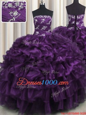 Floor Length Lace Up Sweet 16 Dresses Purple and In for Military Ball and Sweet 16 and Quinceanera with Appliques and Ruffles and Ruffled Layers