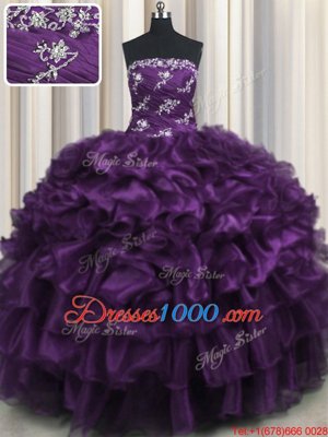 Dynamic Floor Length Lace Up Vestidos de Quinceanera Purple and In for Military Ball and Sweet 16 and Quinceanera with Appliques and Ruffles