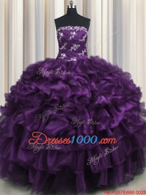 Dynamic Floor Length Lace Up Vestidos de Quinceanera Purple and In for Military Ball and Sweet 16 and Quinceanera with Appliques and Ruffles