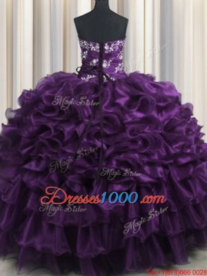 Dynamic Floor Length Lace Up Vestidos de Quinceanera Purple and In for Military Ball and Sweet 16 and Quinceanera with Appliques and Ruffles