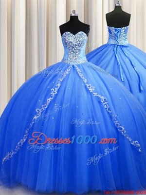 Exquisite Brush train Blue Sleeveless Beading Lace Up Quince Ball Gowns