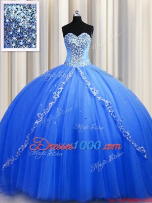 Exquisite Brush train Blue Sleeveless Beading Lace Up Quince Ball Gowns