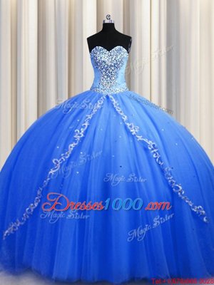 Exquisite Brush train Blue Sleeveless Beading Lace Up Quince Ball Gowns