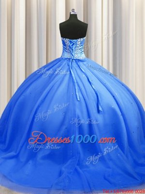 Exquisite Brush train Blue Sleeveless Beading Lace Up Quince Ball Gowns