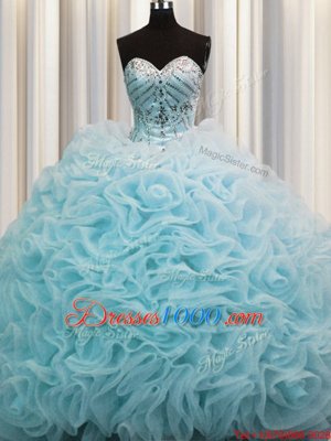 Rolling Flowers Sleeveless Beading and Pick Ups Lace Up Quinceanera Gowns with Aqua Blue Brush Train