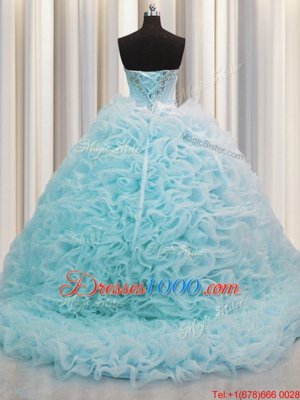 Rolling Flowers Sleeveless Beading and Pick Ups Lace Up Quinceanera Gowns with Aqua Blue Brush Train