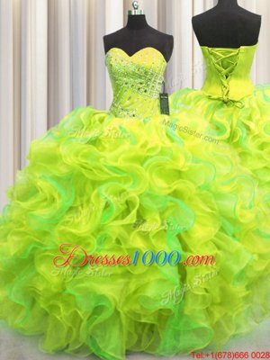 Three Piece Visible Boning Tulle Sleeveless Floor Length Sweet 16 Dresses and Beading and Ruffles and Ruffled Layers and Sequins