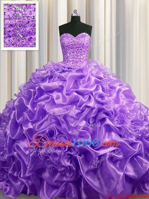 Stylish Lavender Organza Lace Up Sweetheart Sleeveless With Train Sweet 16 Dress Court Train Beading and Pick Ups