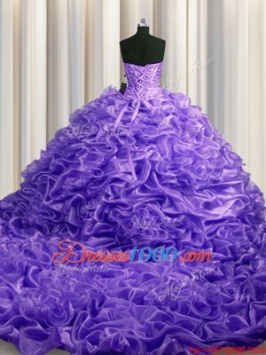 Deluxe Visible Boning Organza Sleeveless With Train 15 Quinceanera Dress Brush Train and Beading and Ruffles