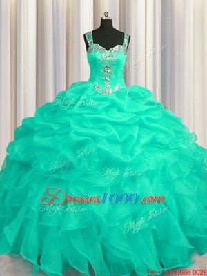 See Through Zipper Up Turquoise Ball Gowns Appliques and Ruffles 15th Birthday Dress Zipper Organza Sleeveless Floor Length