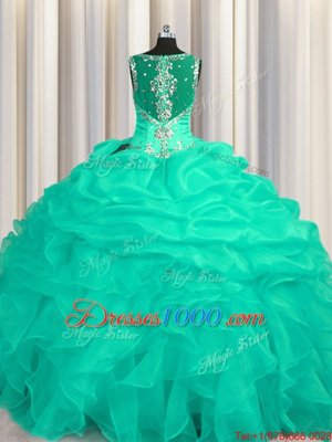 See Through Zipper Up Turquoise Ball Gowns Appliques and Ruffles 15th Birthday Dress Zipper Organza Sleeveless Floor Length