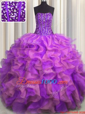Fashion Visible Boning Beaded Bodice Multi-color Strapless Neckline Beading and Ruffles Vestidos de Quinceanera Sleeveless Lace Up