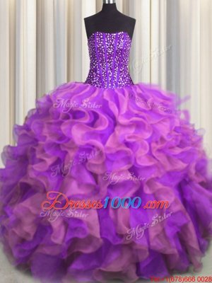 Fashion Visible Boning Beaded Bodice Multi-color Strapless Neckline Beading and Ruffles Vestidos de Quinceanera Sleeveless Lace Up