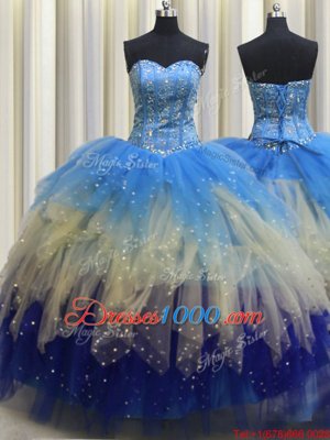 Visible Boning Multi-color Ball Gowns Tulle Sweetheart Sleeveless Beading and Ruffles and Sequins Floor Length Lace Up 15th Birthday Dress