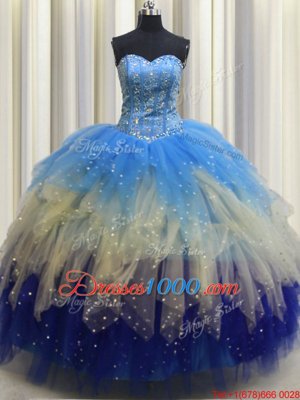 Visible Boning Multi-color Ball Gowns Tulle Sweetheart Sleeveless Beading and Ruffles and Sequins Floor Length Lace Up 15th Birthday Dress