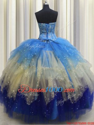 Visible Boning Multi-color Ball Gowns Tulle Sweetheart Sleeveless Beading and Ruffles and Sequins Floor Length Lace Up 15th Birthday Dress