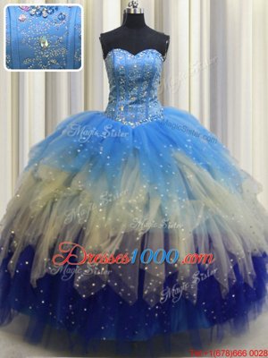 Visible Boning Multi-color Ball Gowns Tulle Sweetheart Sleeveless Beading and Ruffles and Sequins Floor Length Lace Up 15th Birthday Dress