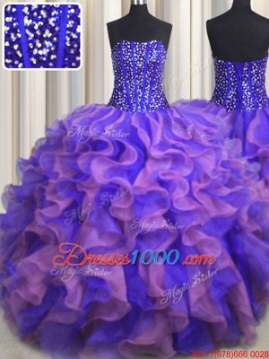 Three Piece Visible Boning Multi-color Sleeveless Floor Length Beading and Ruffles and Ruffled Layers and Sequins Lace Up Quinceanera Gowns