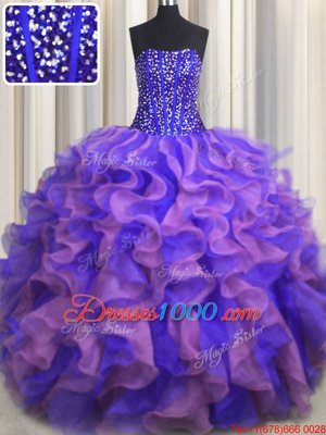 Visible Boning Bling-bling Organza Sleeveless Floor Length 15 Quinceanera Dress and Beading and Ruffles