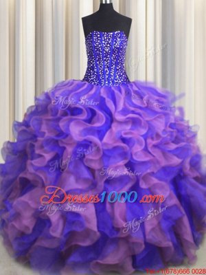 Visible Boning Bling-bling Organza Sleeveless Floor Length 15 Quinceanera Dress and Beading and Ruffles
