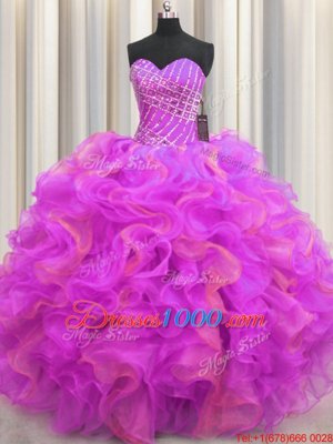 Fantastic Sleeveless Floor Length Beading and Ruffles Lace Up Quinceanera Dress with Multi-color