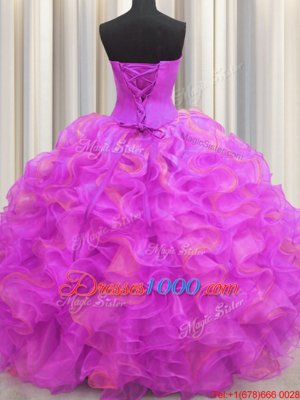 Fantastic Sleeveless Floor Length Beading and Ruffles Lace Up Quinceanera Dress with Multi-color