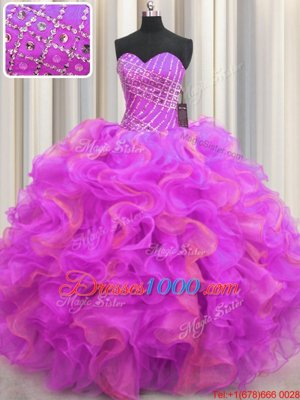 Fantastic Sleeveless Floor Length Beading and Ruffles Lace Up Quinceanera Dress with Multi-color