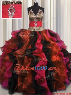 Beautiful Leopard Multi-color V-neck Neckline Beading and Ruffles Quinceanera Dress Sleeveless Lace Up