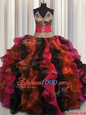 Beautiful Leopard Multi-color V-neck Neckline Beading and Ruffles Quinceanera Dress Sleeveless Lace Up