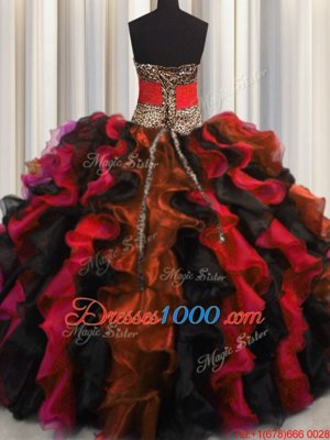 Beautiful Leopard Multi-color V-neck Neckline Beading and Ruffles Quinceanera Dress Sleeveless Lace Up