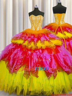 Bling-bling Visible Boning Multi-color Sleeveless Beading and Ruffles and Ruffled Layers and Sequins Floor Length Quince Ball Gowns