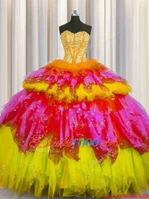 Bling-bling Visible Boning Multi-color Sleeveless Beading and Ruffles and Ruffled Layers and Sequins Floor Length Quince Ball Gowns