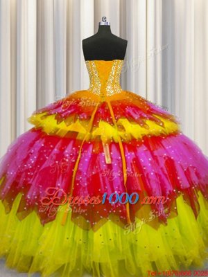 Bling-bling Visible Boning Multi-color Sleeveless Beading and Ruffles and Ruffled Layers and Sequins Floor Length Quince Ball Gowns