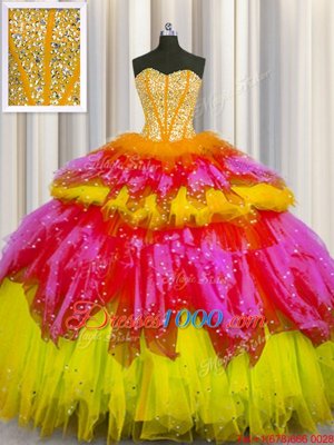 Bling-bling Visible Boning Multi-color Sleeveless Beading and Ruffles and Ruffled Layers and Sequins Floor Length Quince Ball Gowns