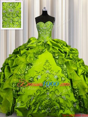 Floor Length Lace Up Quinceanera Gown Olive Green and In for Military Ball and Sweet 16 and Quinceanera with Beading and Embroidery and Ruffles and Sequins and Pick Ups