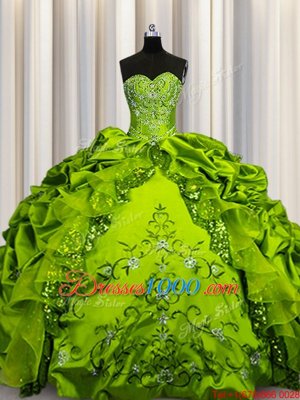 Floor Length Lace Up Quinceanera Gown Olive Green and In for Military Ball and Sweet 16 and Quinceanera with Beading and Embroidery and Ruffles and Sequins and Pick Ups