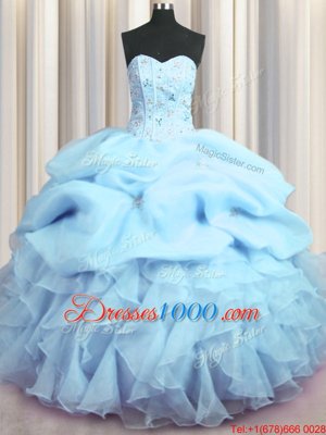 Visible Boning Floor Length Lace Up Vestidos de Quinceanera Baby Blue and In for Military Ball and Sweet 16 and Quinceanera with Beading and Ruffles and Pick Ups