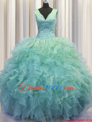 Glittering V Neck Zipper Up Floor Length Zipper Quinceanera Gowns Light Blue and In for Military Ball and Sweet 16 and Quinceanera with Ruffles