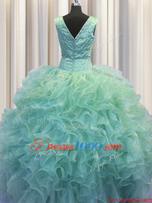 Glittering V Neck Zipper Up Floor Length Zipper Quinceanera Gowns Light Blue and In for Military Ball and Sweet 16 and Quinceanera with Ruffles