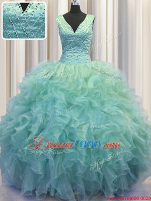 Glittering V Neck Zipper Up Floor Length Zipper Quinceanera Gowns Light Blue and In for Military Ball and Sweet 16 and Quinceanera with Ruffles