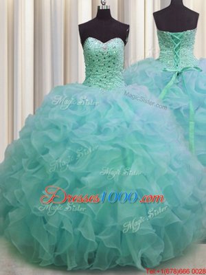 Perfect Sleeveless Floor Length Beading and Ruffles Lace Up Quinceanera Gowns with Green