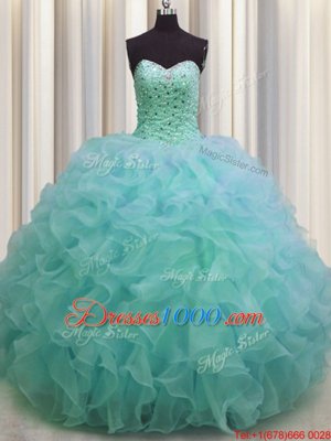 Perfect Sleeveless Floor Length Beading and Ruffles Lace Up Quinceanera Gowns with Green