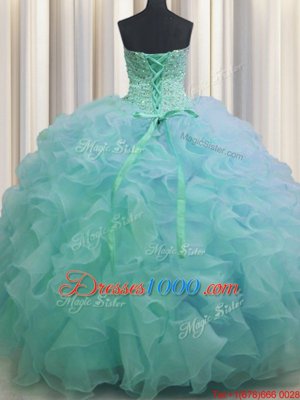 Perfect Sleeveless Floor Length Beading and Ruffles Lace Up Quinceanera Gowns with Green