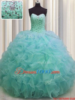 Perfect Sleeveless Floor Length Beading and Ruffles Lace Up Quinceanera Gowns with Green