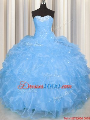 Edgy Floor Length Lace Up Ball Gown Prom Dress Baby Blue and In for Military Ball and Sweet 16 and Quinceanera with Beading and Ruffles