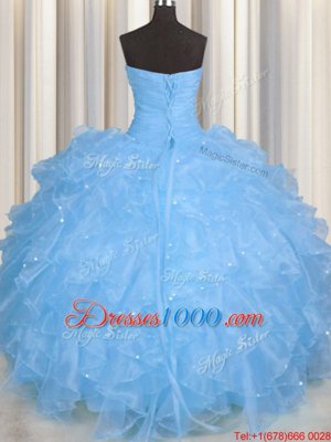 Edgy Floor Length Lace Up Ball Gown Prom Dress Baby Blue and In for Military Ball and Sweet 16 and Quinceanera with Beading and Ruffles