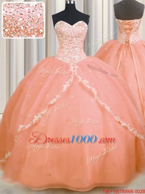 Ball Gowns V-neck Sleeveless Organza Floor Length Lace Up Beading and Ruffles Quinceanera Dress